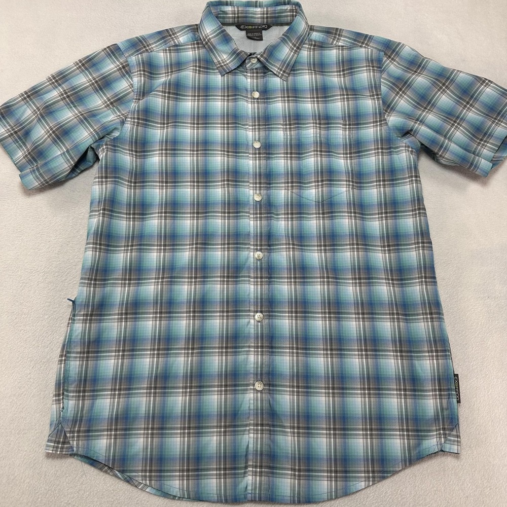 ExOfficio Shirt‎ Mens Large Blue Green Plaid Short Sleeve Travel Hiking Outdoor